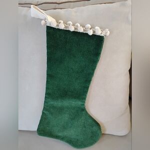 Vintage Fabric And Pom Pom Trim Handmade Dk Green Corduroy XMas Stocking
